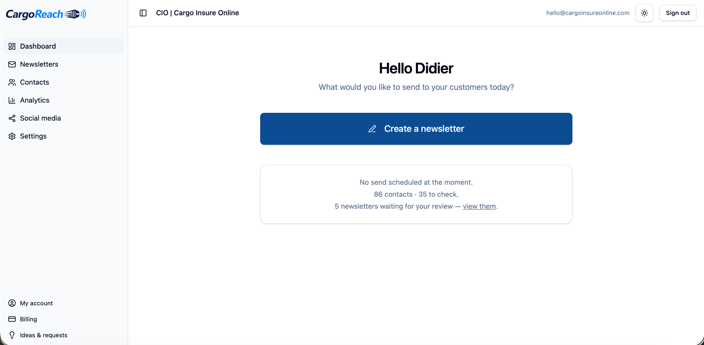 Painel do CargoReach — um botão para iniciar uma newsletter