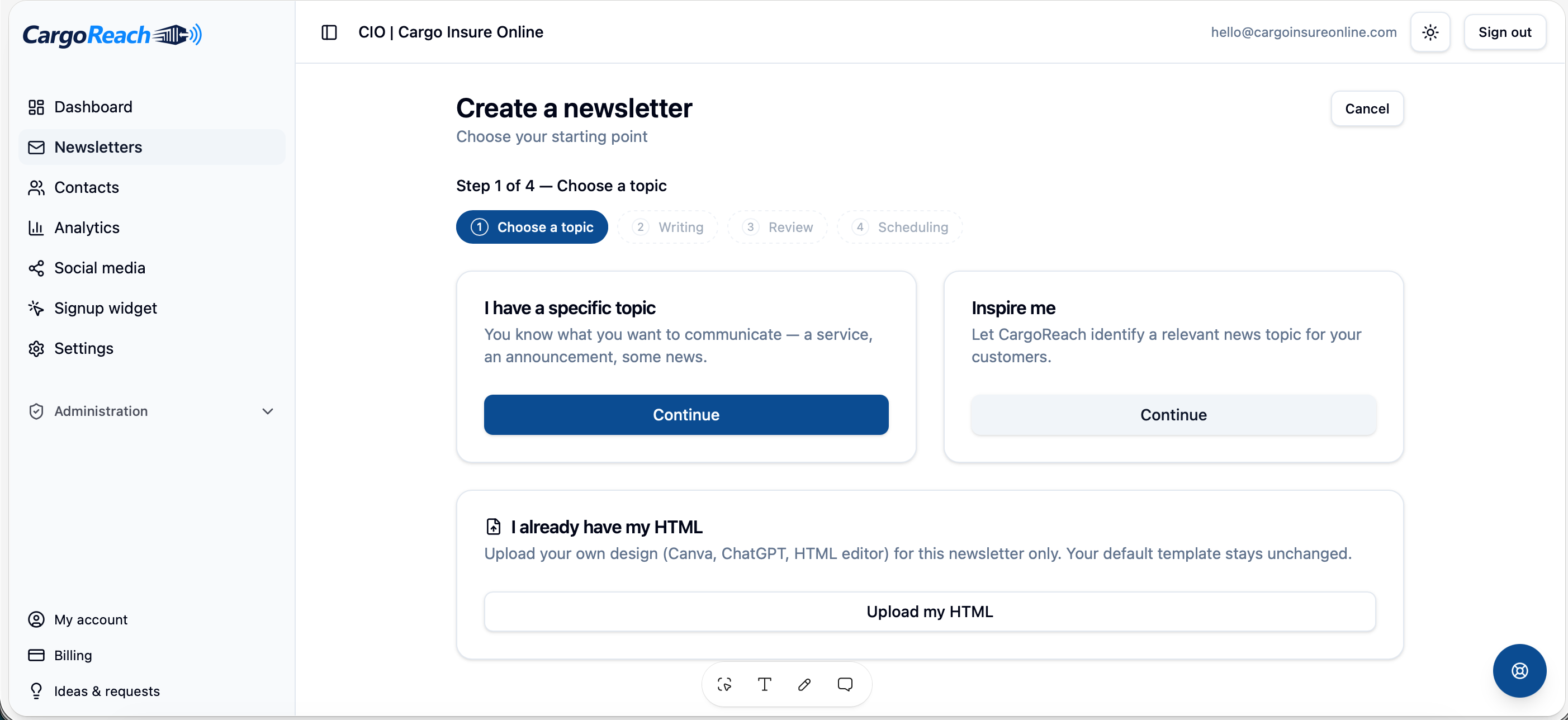 Escolher um tema específico, um tema sugerido ou enviar um arquivo HTML